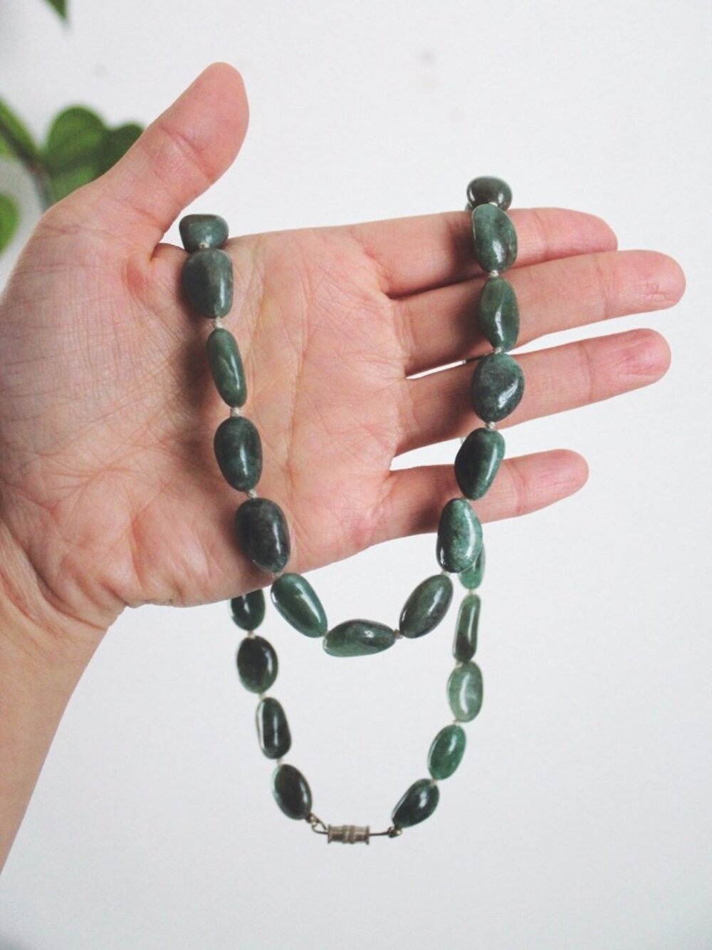 Vintage Green Aventurine Stone Beaded Necklace Nugget Hand Knotted Long Barrel C